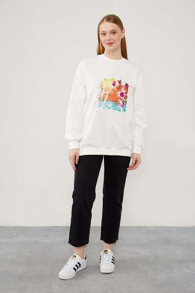 Levidor Printed Ecru Sweatshirt - Sequin Embroidered