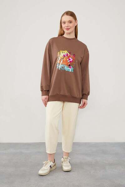 Levidor Coffee Sequin Embroidered Printed Sweatshirt