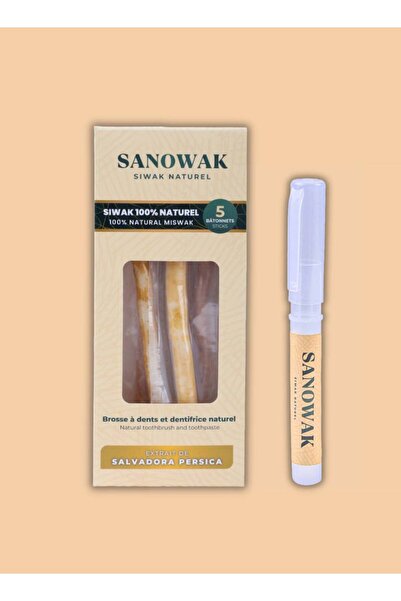 sanook أعواد السواك من سانواك - فرشاة أسنان طبيعية ١٠٠٪ من السواك (عبوة من ٥ قطع) مع حامل