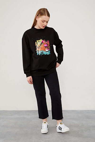 Levidor Siyah Pul İşlemeli Baskılı Sweatshirt