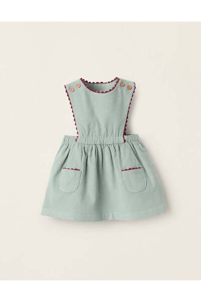 Ziddy Corduroy Pinafore Dress for Newborn Girls, Green/Burgundy