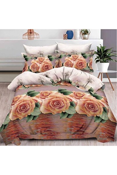 OEMN Double Bed Linen, 6 Pieces, 3D Print Multiplicated, Brown, Roses