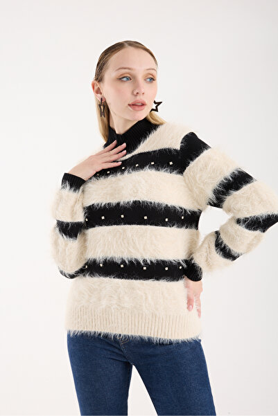 Moda Days Women's Cream Beard Yarn Stone Detailed Half Turtleneck Knitwear Sweater