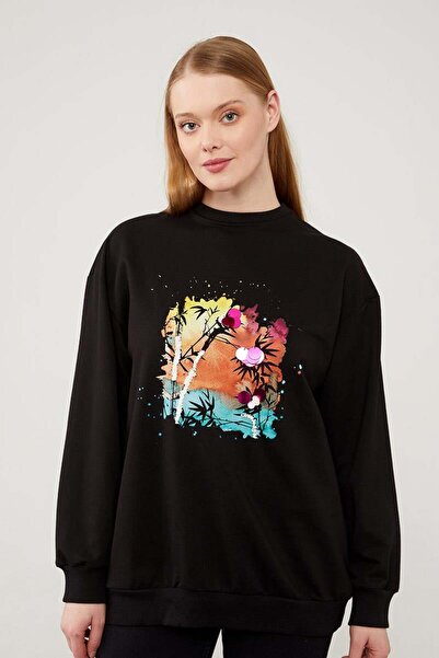 Levidor Siyah Pul İşlemeli Baskılı Sweatshirt