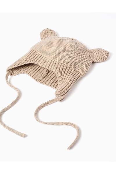 Ziddy Ribbed knit beanie with ears and side straps for newborns, beige