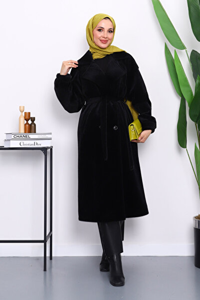 İmajButik Μαύρο παλτό ανγκόρα με διπλό γιακά και ζώνη