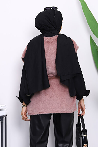 İmajButik Dusty Rose Pocketed Plush Fur Vest