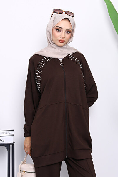 İmajButik Σετ τουνίκ με φερμουάρ και παντελόνι με λεπτομέρεια από καφέ πέτρα