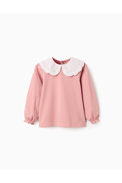 Ziddy T-shirt with Broderie Anglaise Collar and Ruffles for Girls, Pink