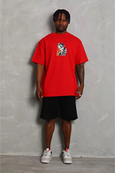 HAZEGO Μπλουζάκι Unisex Oversize με στάμπα με λαιμόκοψη - Κόκκινο