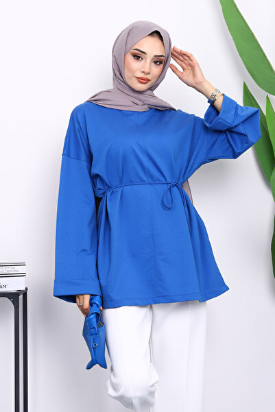 İmajButik Μπλε τουνίκ Saks με σχισμές στα πλαϊνά και κορδόνι στη μέση