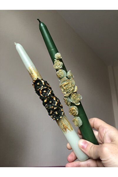 Elif Design 2 li yeşil el yapımı tasarım çiçekli şamdan mum seti