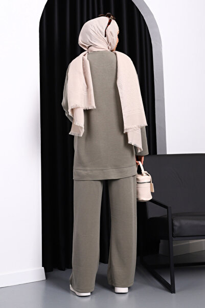 İmajButik Khaki Stone Detailed Tunic Modal Suit with Trousers