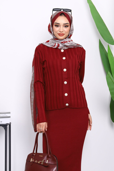 İmajButik Βραδινό Πλεκτό Φόρεμα Κοντό Μπλουζάκι Βουργουνδίας Διπλό Συνδυασμό