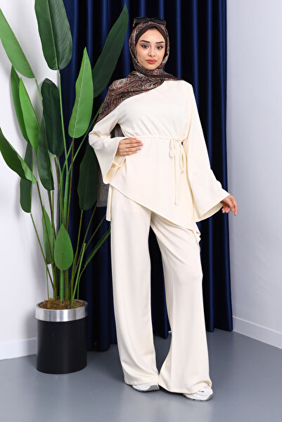İmajButik Cream Asymmetrical Cut Tunic Trouser Suit
