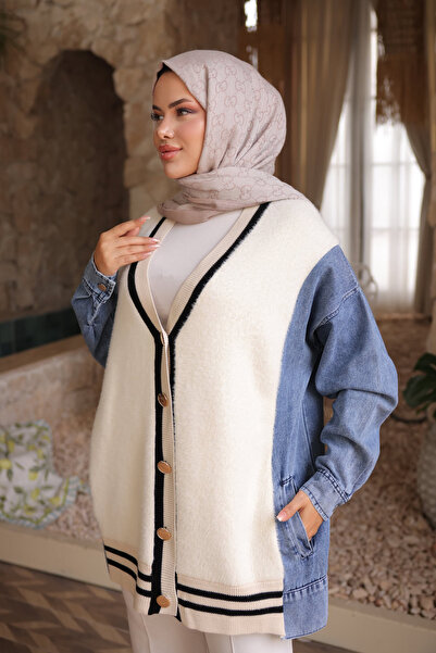 İmajButik Μαλακό πλεκτό ζακέτα με κρεμ κοτ γαρνιτούρα