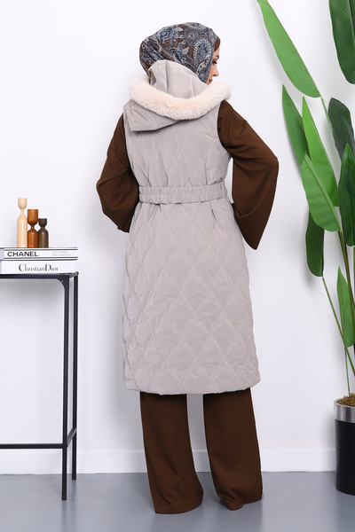 İmajButik Stone Fur Detailed Hooded Long Vest