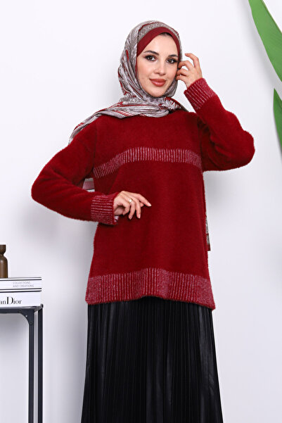 İmajButik Burgundy Crew Neck Striped Angora Soft Knit Sweater