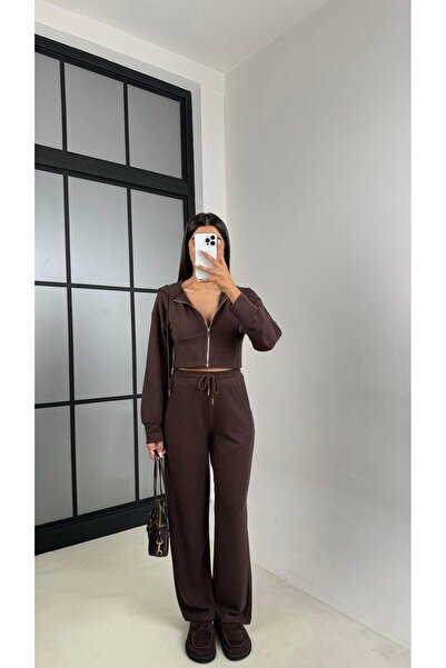 Gaus طقم قماش سالونيك مكون من قطعتين، كارديجان بني داكن وبنطلون بخصر مطاطي GAUS-00523