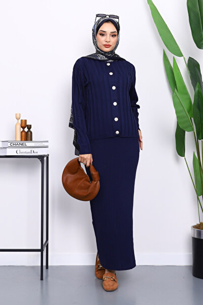 İmajButik Φόρεμα πλεκτό Navy Blue Crop Ζακέτα Διπλός Συνδυασμός