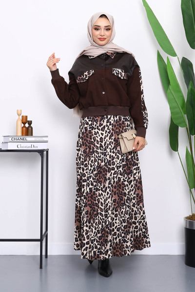 İmajButik Costum cu fustă cu jachetă cu imprimeu leopard maro