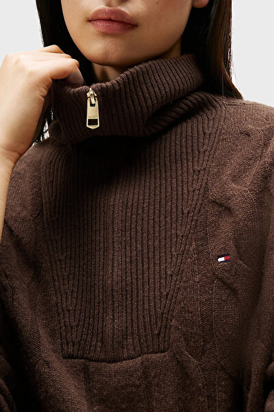 Tommy Hilfiger % 100 Yün Relaxed Fit Yarım Fermuarlı Dik Yaka Örgü Kazak KAZAK WW0WW46425 GV0
