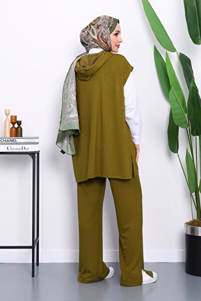 İmajButik Oil Green Hooded Sweater with Pants Modal Set