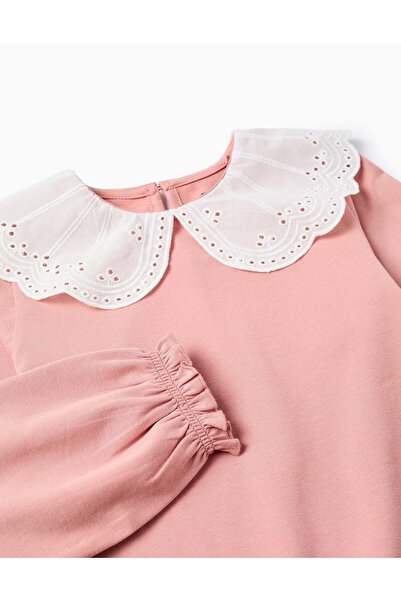 Ziddy T-shirt with Broderie Anglaise Collar and Ruffles for Girls, Pink