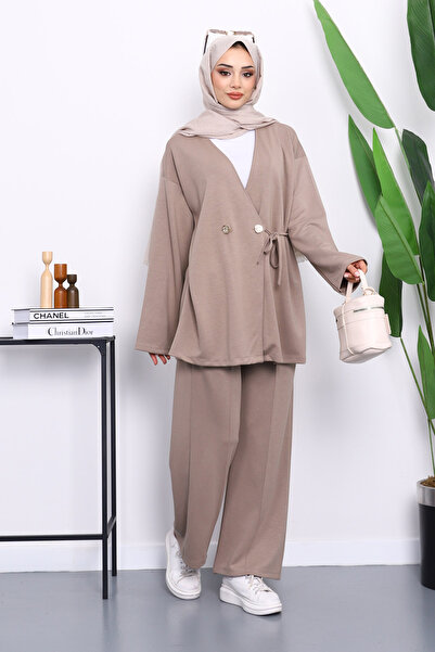 İmajButik طقم بنطلون تونيك مع تفاصيل ربط من جلد المنك