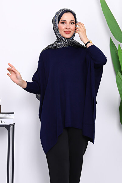 İmajButik Navy Blue Bat Sleeve Poncho Knitwear Tunic