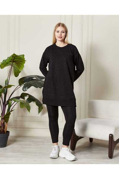 Birol Triko Kadın Siyah Yırtmaçlı Kristal Taş Aksesuarlı Tunik