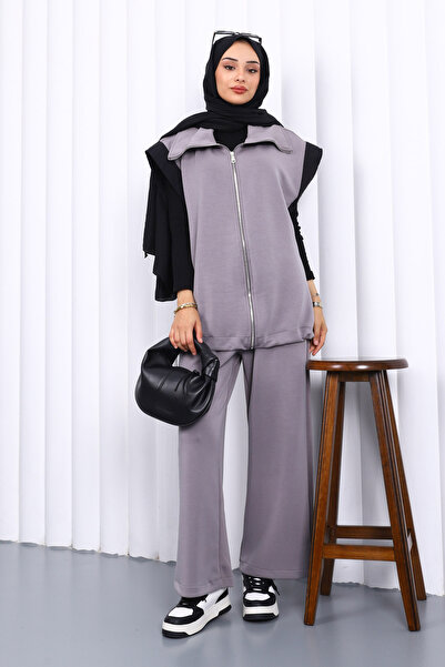 İmajButik Gray Zippered Modal Vest and Pants Set