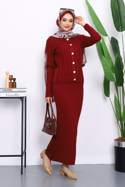 İmajButik Βραδινό Πλεκτό Φόρεμα Κοντό Μπλουζάκι Βουργουνδίας Διπλό Συνδυασμό