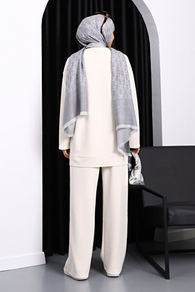 İmajButik Ecru Stone Detailed Tunic Modal Suit with Trousers