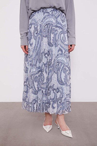 Levidor Blue Ethnic Pattern Pleated Skirt
