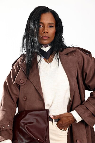 5in1Canpolat Brown Double-Breasted Collar Suede Coat 9608