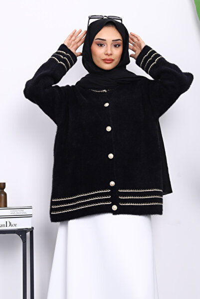 İmajButik Black Angora Soft Knit Cardigan with Piping Detail