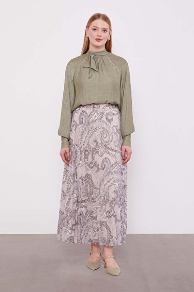 Levidor Beige Ethnic Pattern Pleated Skirt