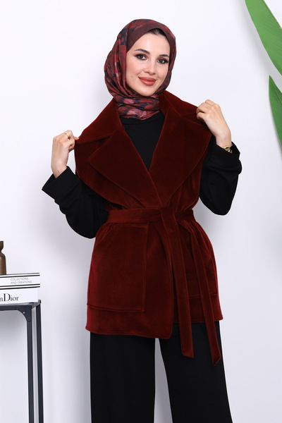 İmajButik Burgundy Double-Breasted Collar Belted Cashmere Vest