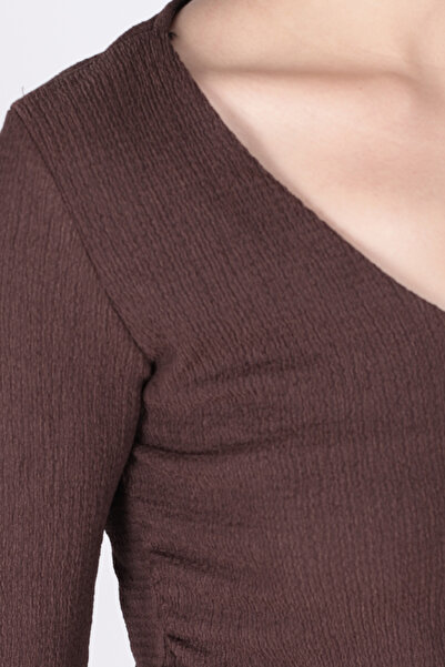 armonika Women's Coffee V-Neck Long Sleeve Gathered Blouse Two-Piece Set Arm-26K001015