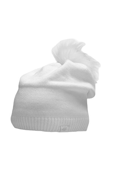 4F Women's Winter Cap with Pompon with Logo White