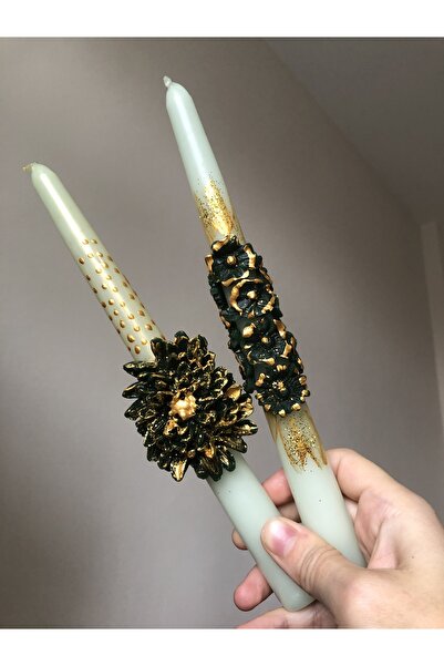 Elif Design 2 li el işçiliği yeşil çiçekli şamdan mum seti