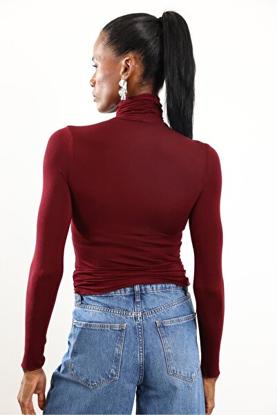 5in1Canpolat Burgundy High Neck Transparent Blouse 25226