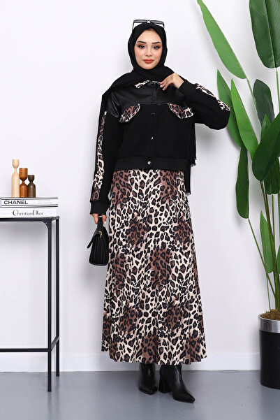 İmajButik Black Leopard Patterned Jacket Skirt Suit