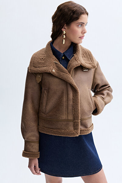 Mudo Plush Collar Crop Leather Look Coat Jacket