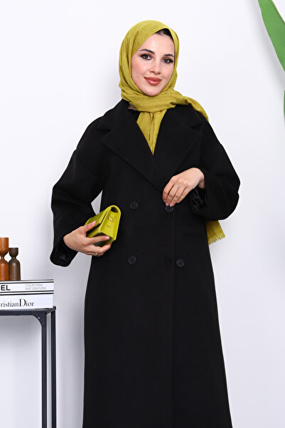 İmajButik Μαύρο παλτό με διπλό γιακά με επένδυση από κασμίρ