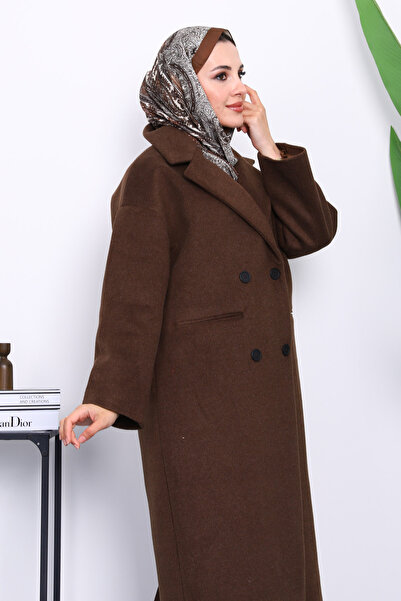 İmajButik Καφέ παλτό με διπλό γιακά με επένδυση από κασετίνα