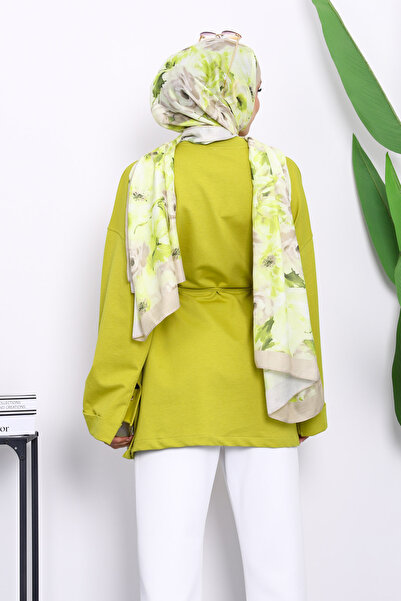 İmajButik Oil Green Tunic with Slits on the Sides and Drawstring Waist