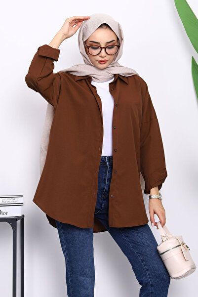 İmajButik Kahverengi Düğmeli Salaş Terikoton Gömlek