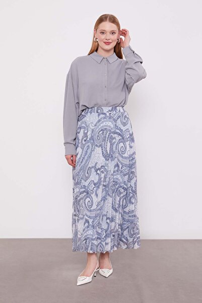 Levidor Blue Ethnic Pattern Pleated Skirt